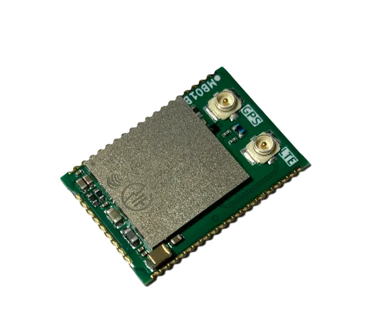 nRF9151 Micro Breakout top view showing SoC, U.FL connectors and castellated pad layout
