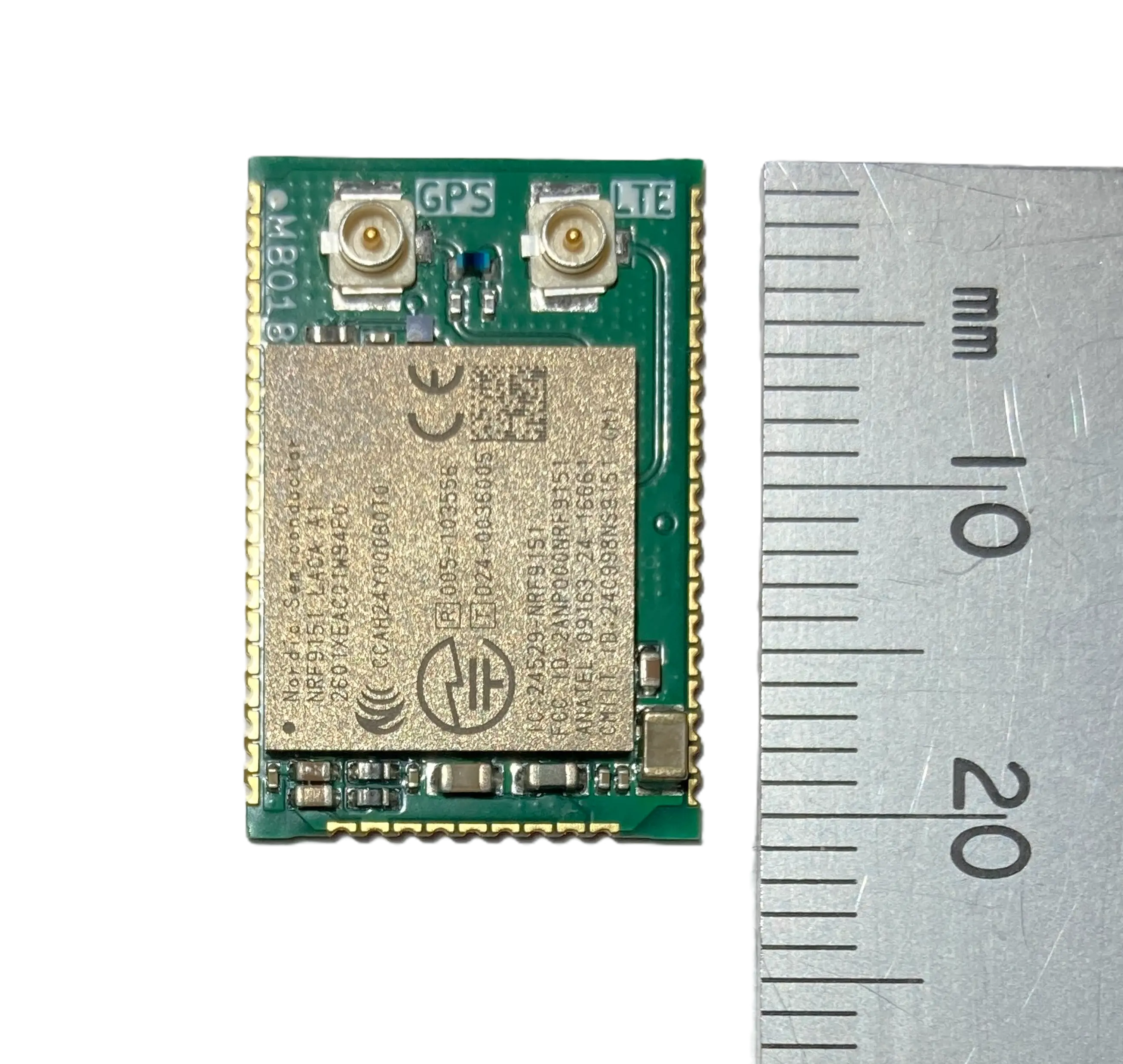 nRF9151 Micro Breakout size comparison with ruler — 14 × 20.8 mm form factor