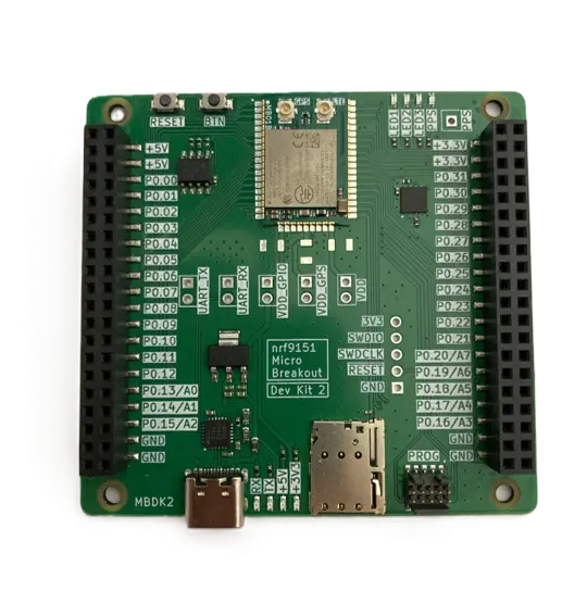 nRF9151 Micro Breakout DevKit2 showing nRF9151 Micro Breakout seated on the board