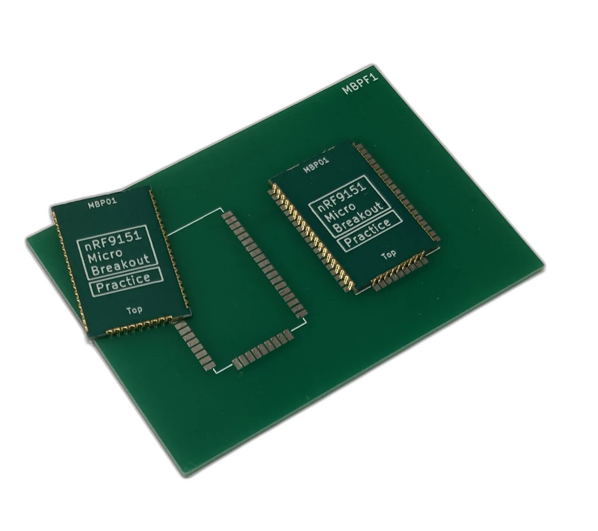 nRF9151 Micro Breakout practice board set — two practice boards and a base